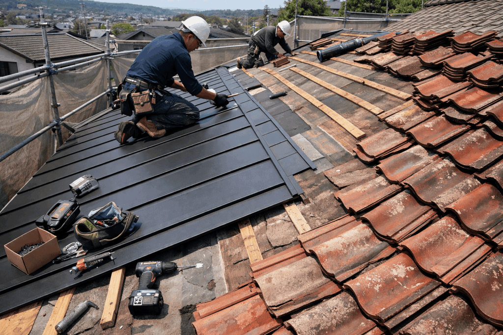 石州瓦からガルテクトへ葺き替え